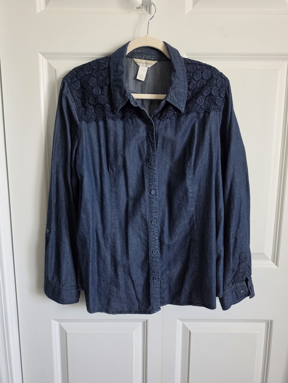 Christopher & Banks Denim-Look Button Shirt in Blue chambray and lace detail